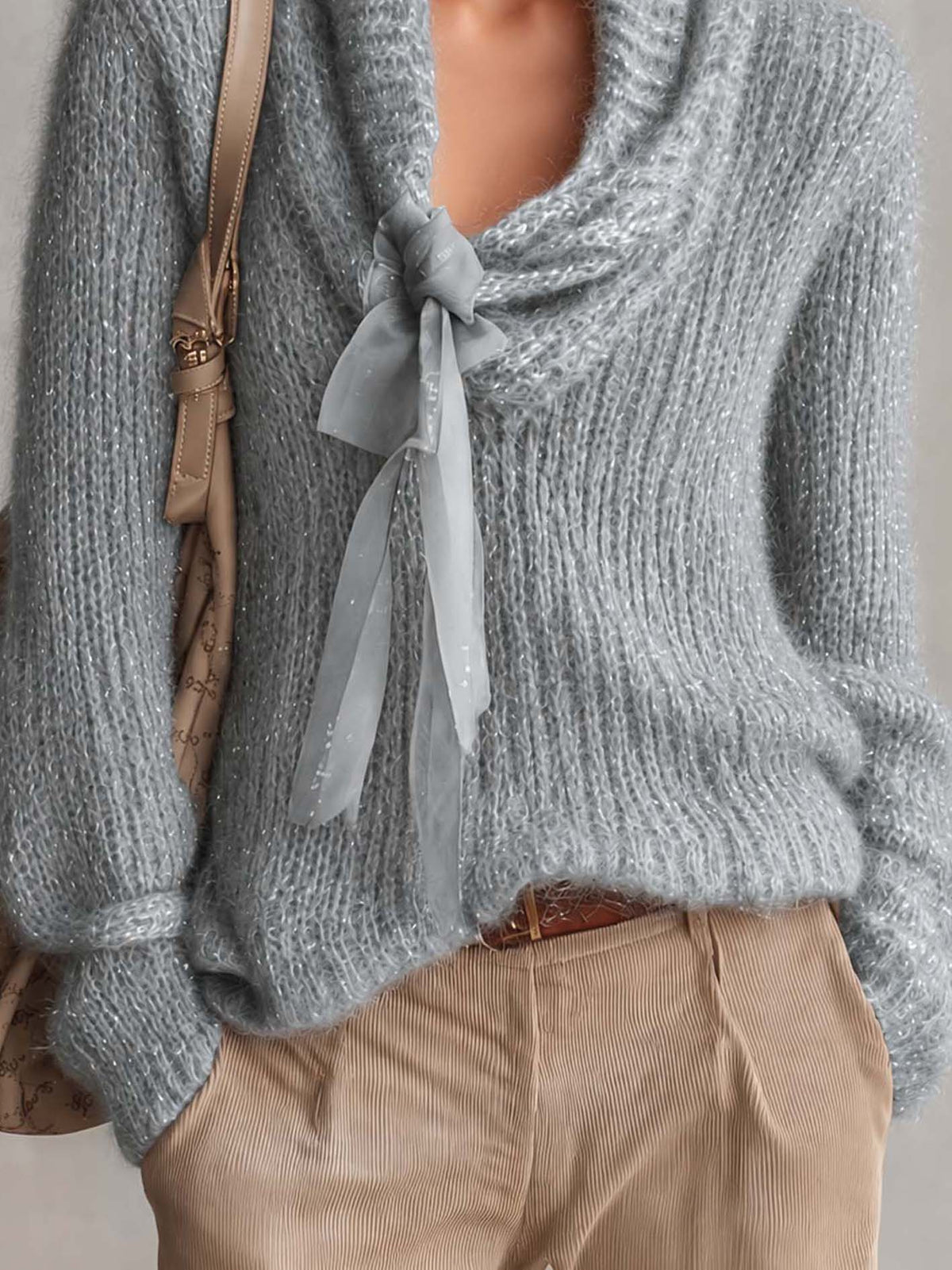 Dusty Slate Blue Shimmer Mohair Sweater With Sheer Organza Ribbon Tie