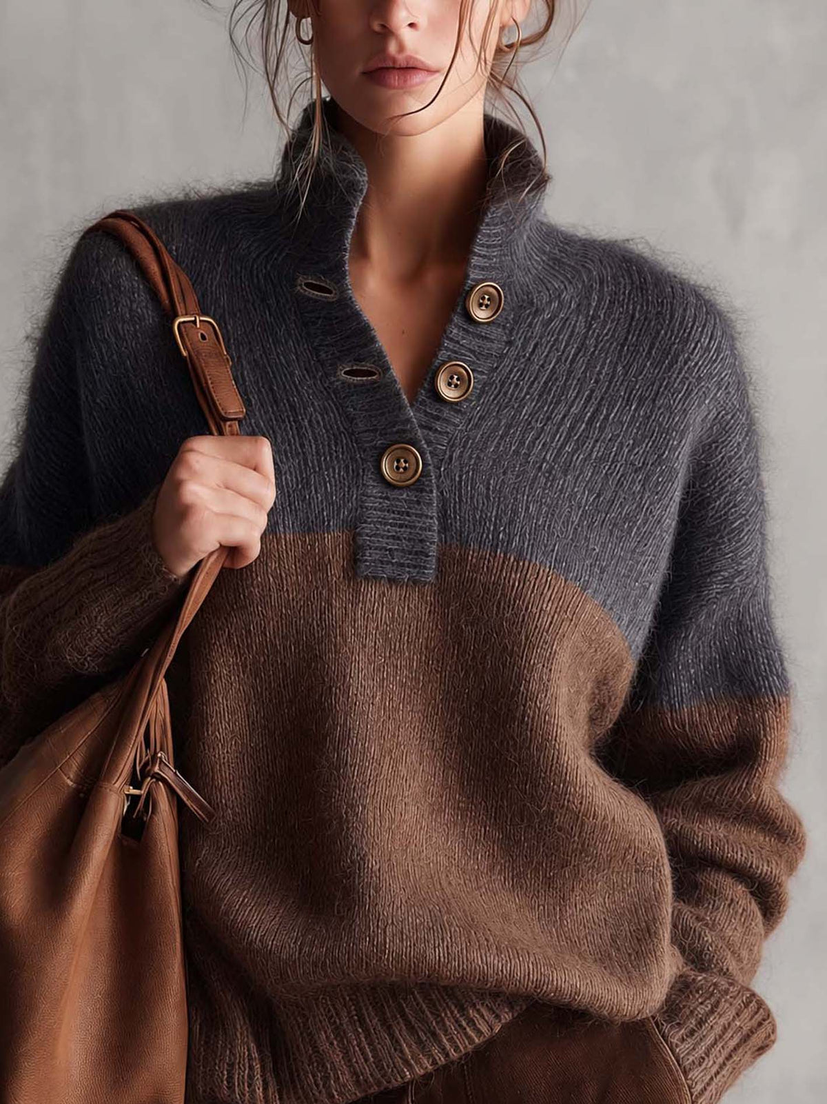 Charcoal Gray And Chocolate Brown Color Block Mohair Sweater With Button Placket