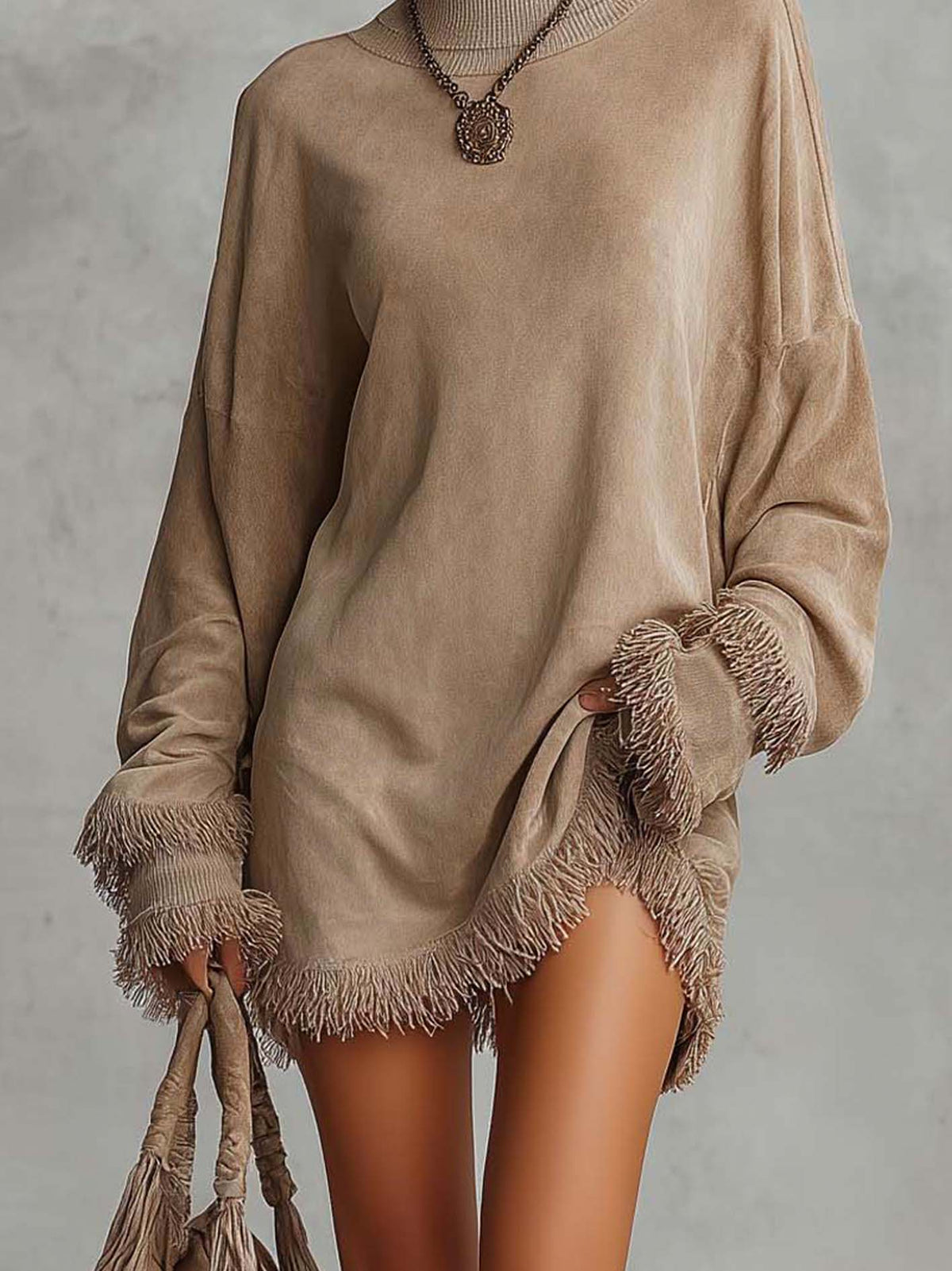 Taupe Faux Suede Oversized Mini Dress With Fringe Trim