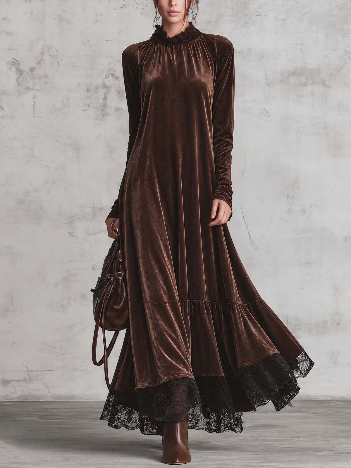 Chocolate Brown Velvet Maxi Dress With Ruffled Neck And Black Lace Hem