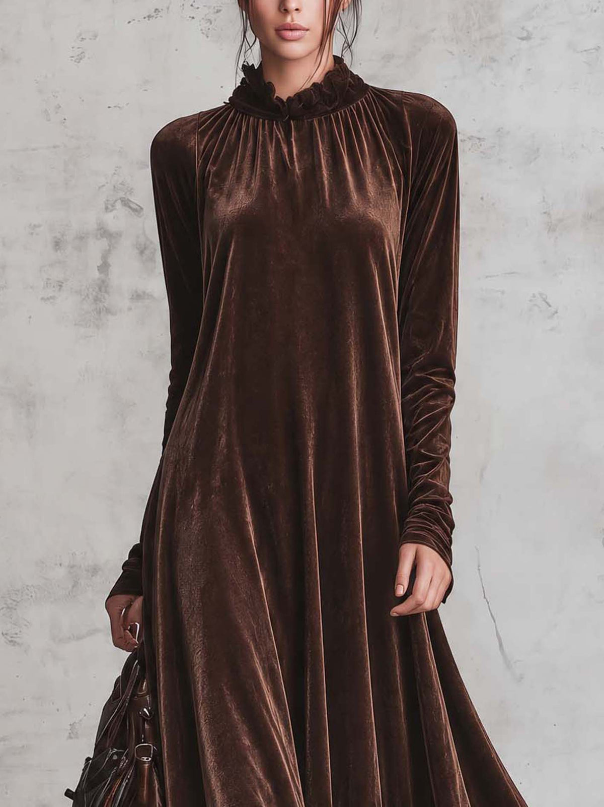 Chocolate Brown Velvet Maxi Dress With Ruffled Neck And Black Lace Hem