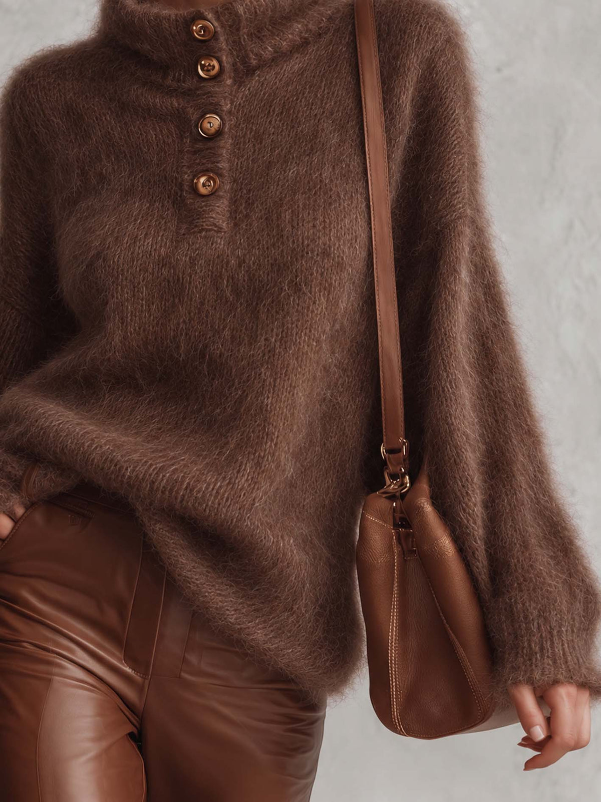 Chocolate Brown Mohair Sweater With Stand Collar And Button Placket