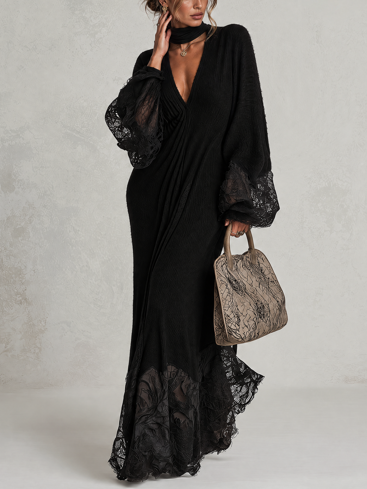 Black Light Fuzzy Knit Maxi Dress With Lace Cuffs And Lace Hem