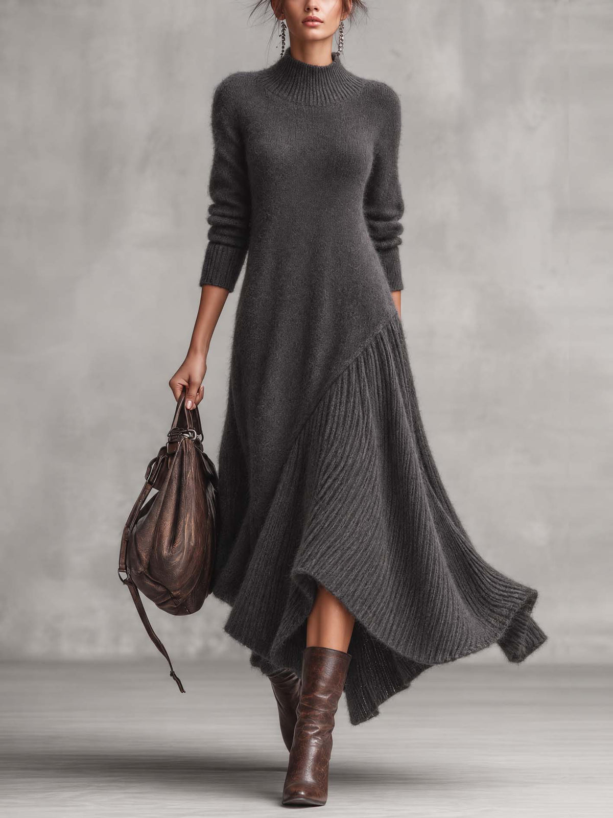 Charcoal Fuzzy Knit Maxi Dress With Ribbed Pleated Patchwork Hem