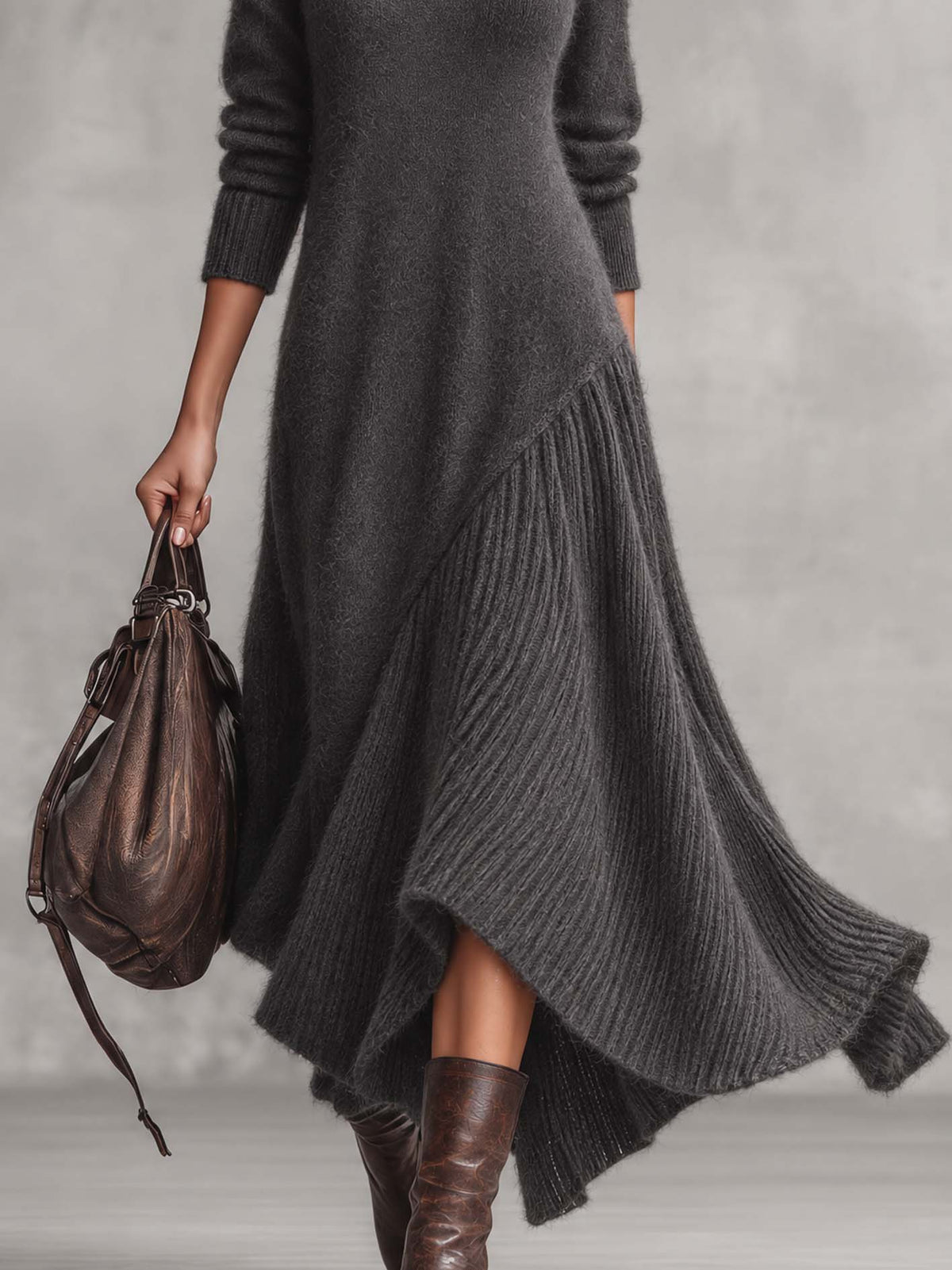 Charcoal Fuzzy Knit Maxi Dress With Ribbed Pleated Patchwork Hem