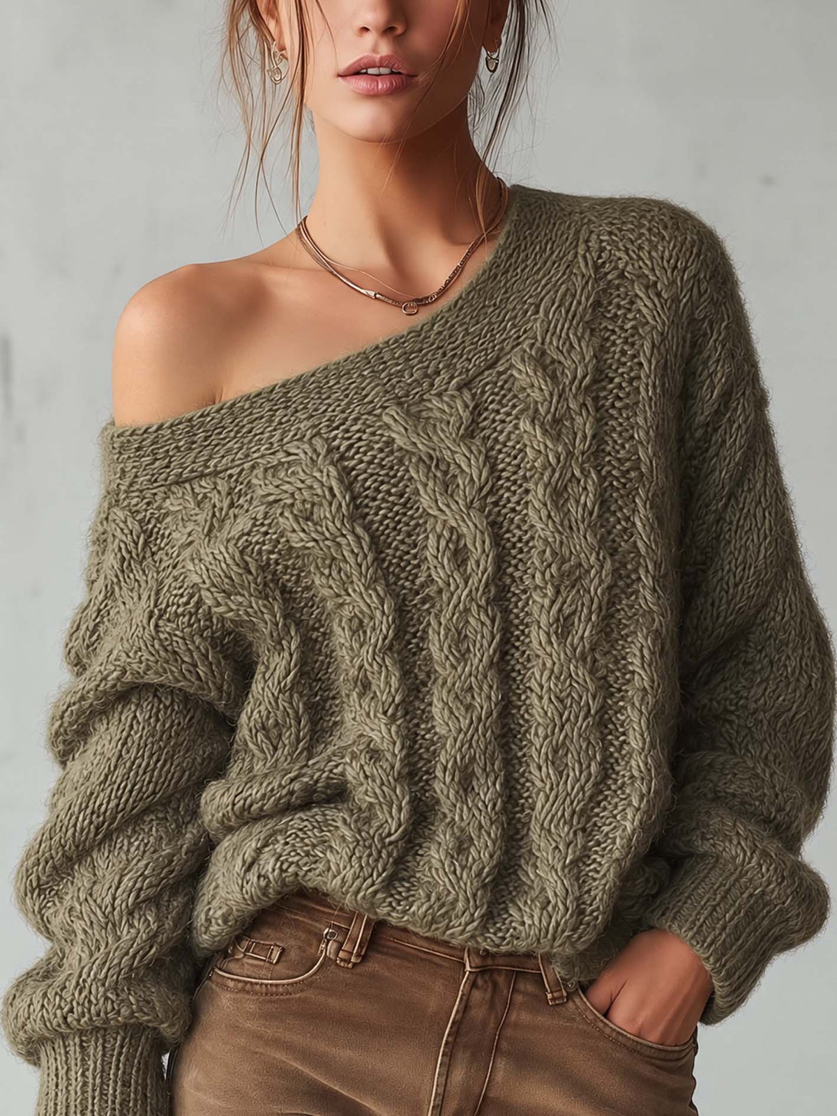 Olive Green Cable Knit Sweater With Convertible One Shoulder Neckline