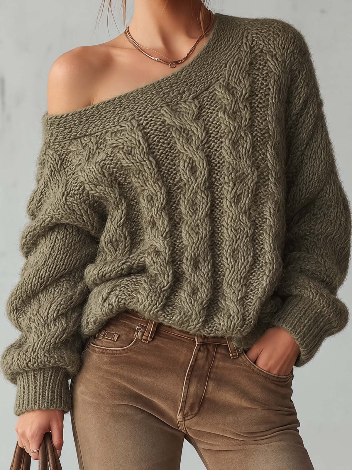 Olive Green Cable Knit Sweater With Convertible One Shoulder Neckline
