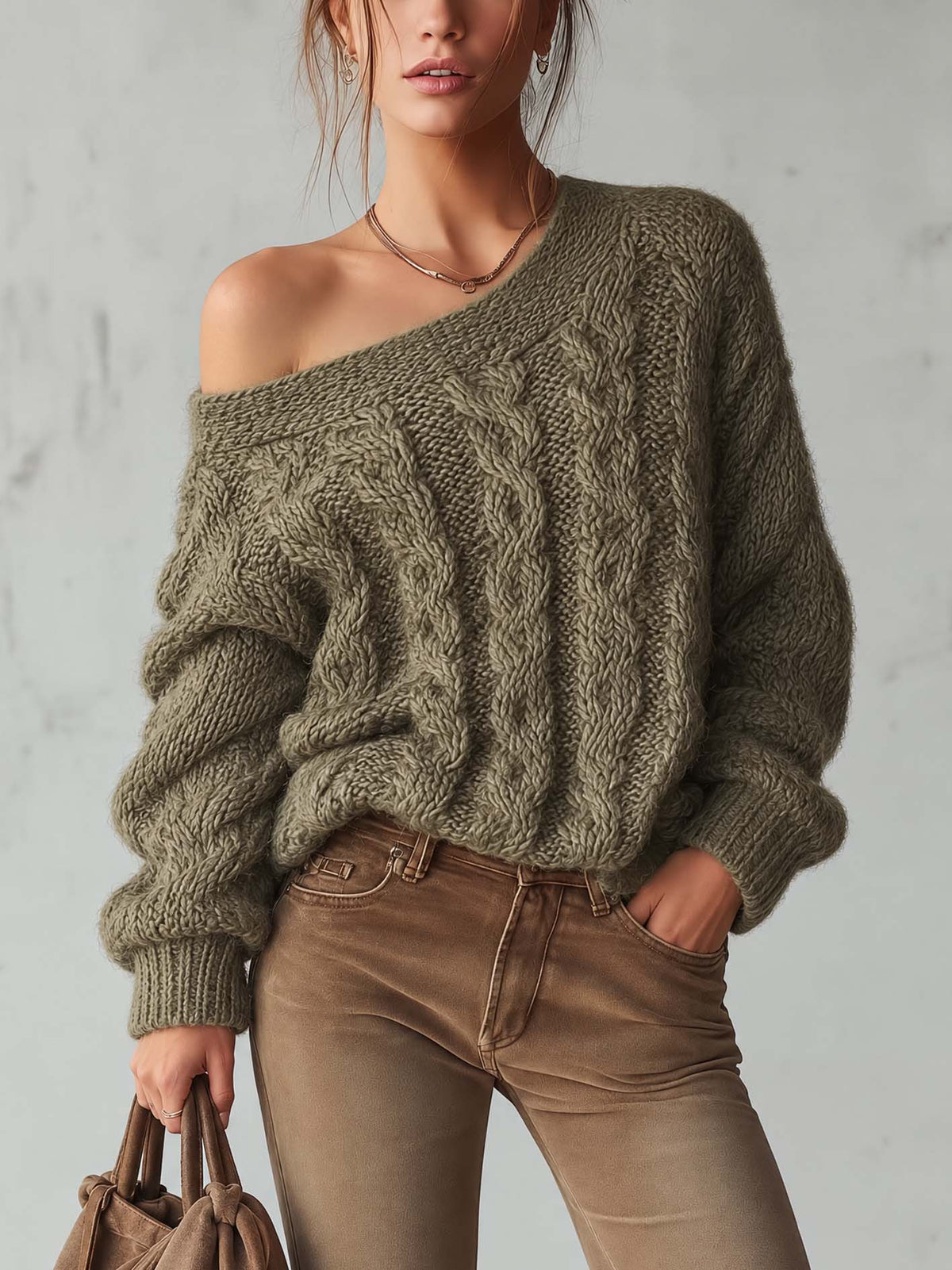 Olive Green Cable Knit Sweater With Convertible One Shoulder Neckline