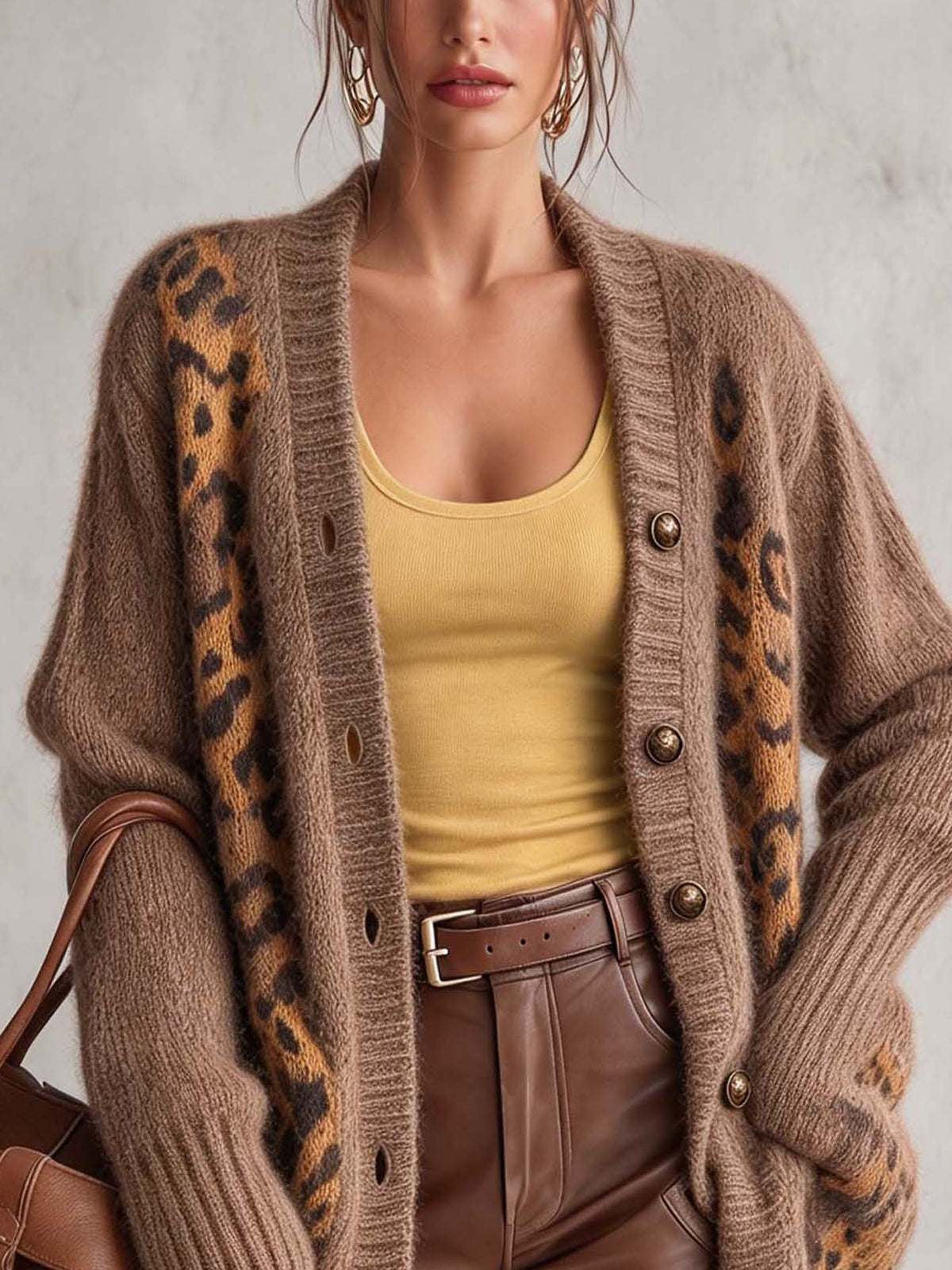 Camel Mohair Cardigan With Leopard Print Panels And Gold Buttons