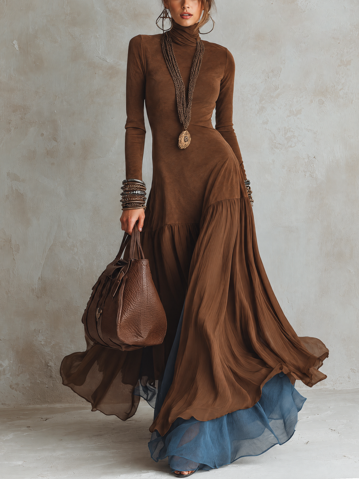 Brown Suede Paneled Double-Layer Color Block Chiffon Maxi Dress