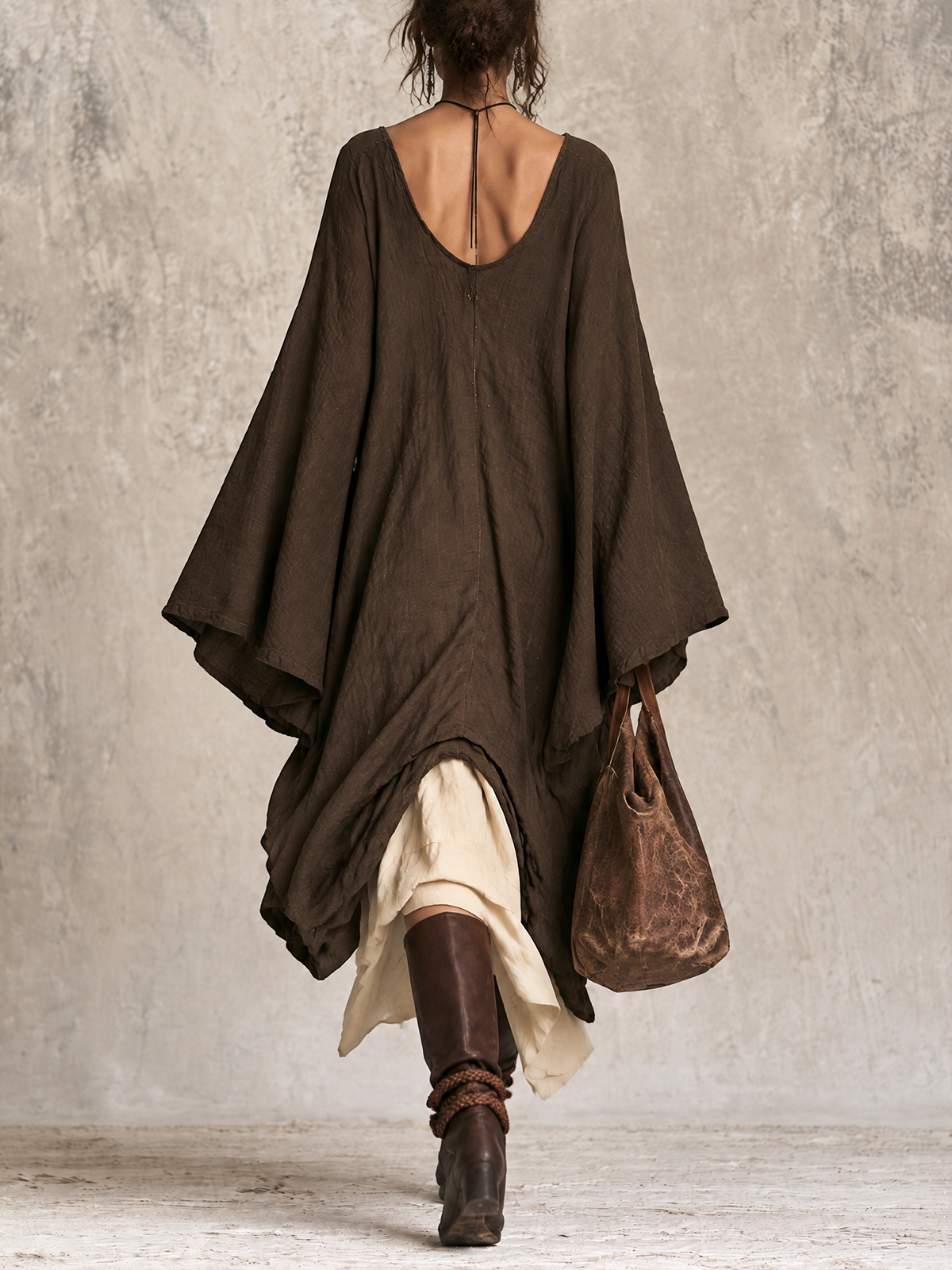 Dark Brown Crinkled Linen Oversized Kaftan Midi Dress