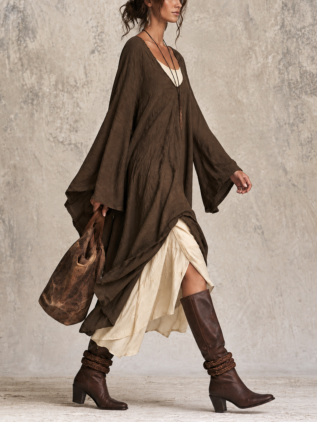 Dark Brown Crinkled Linen Oversized Kaftan Midi Dress