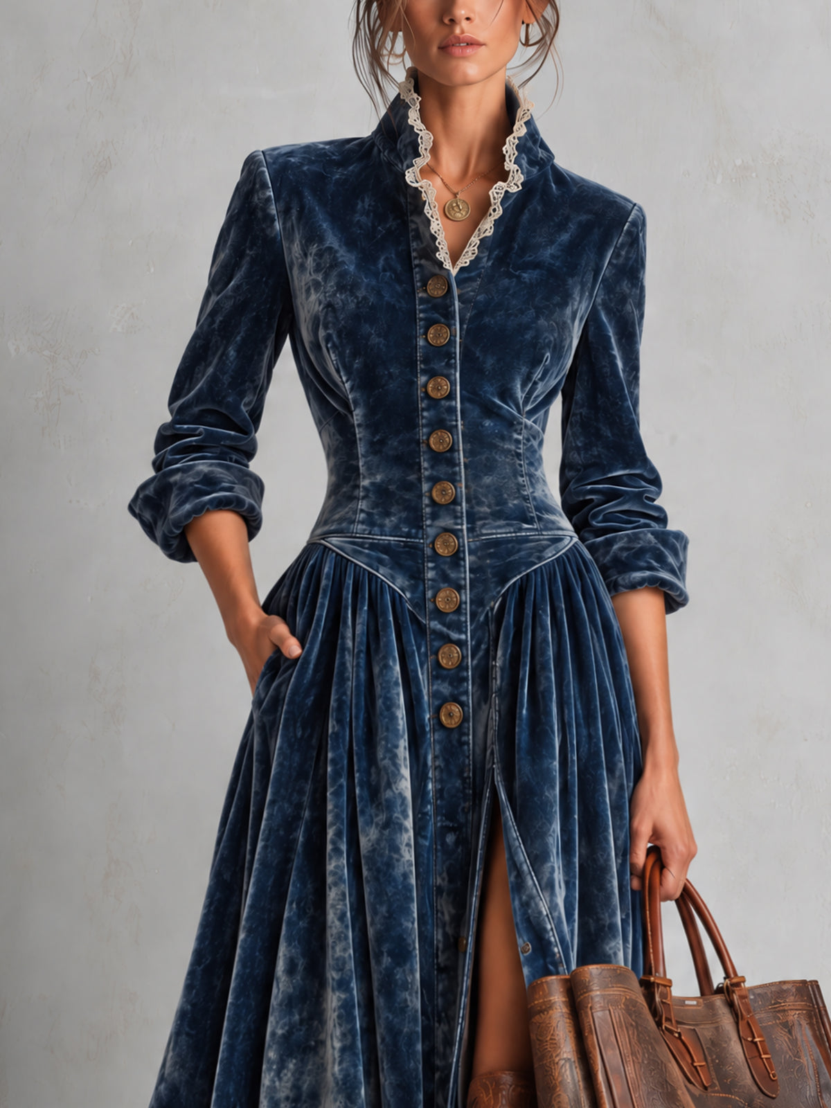 Blue Velvet Stand Collar Button Front Slit Maxi Dress
