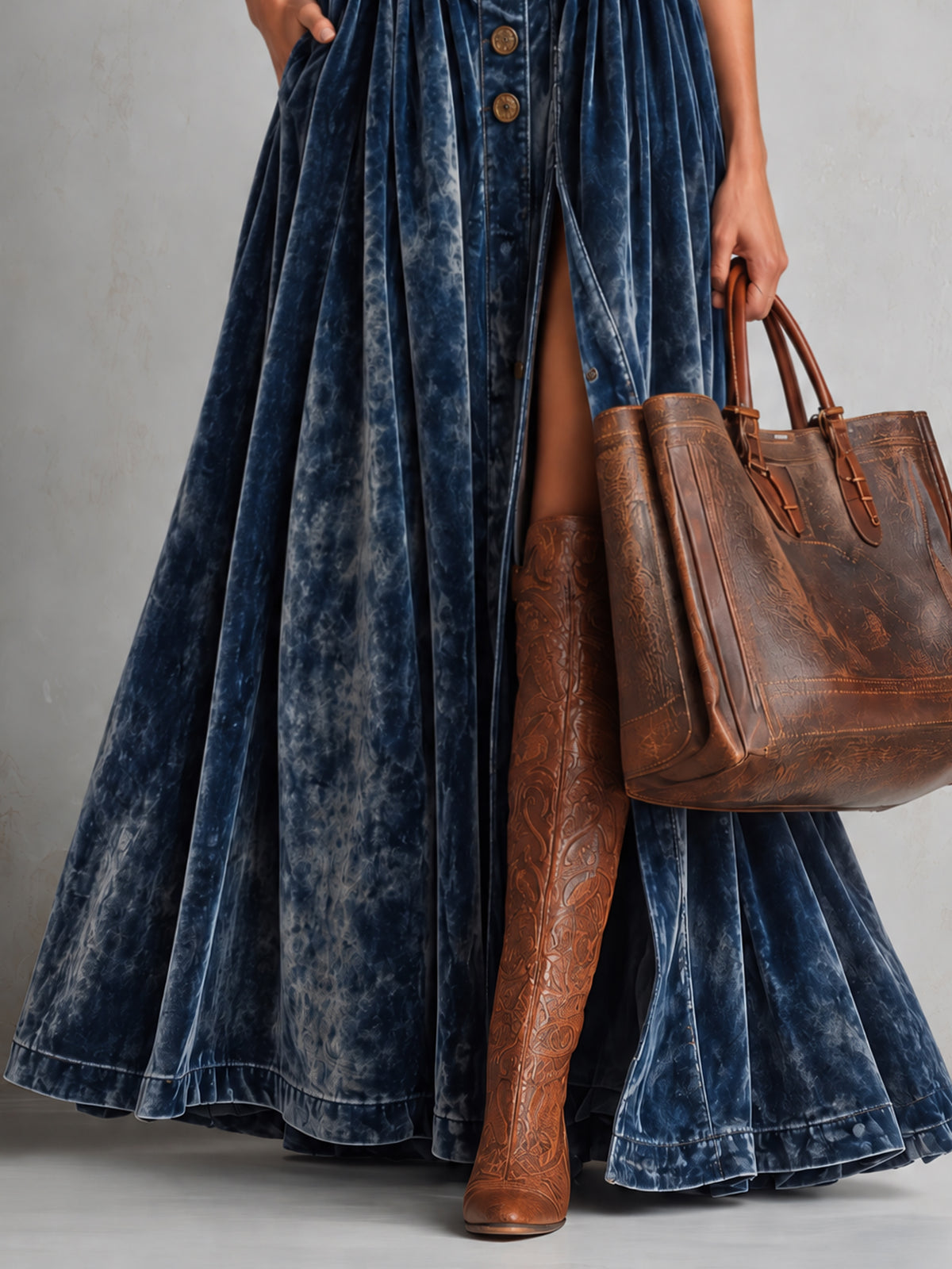 Blue Velvet Stand Collar Button Front Slit Maxi Dress