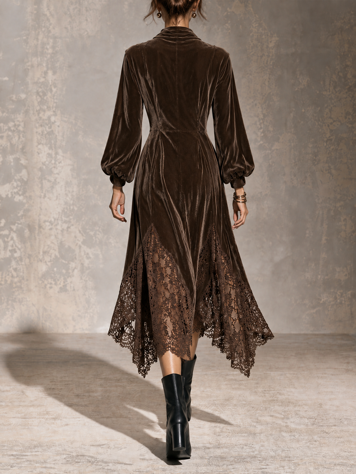 Brown Velvet Cowl Neck Lace Hem Midi Dress