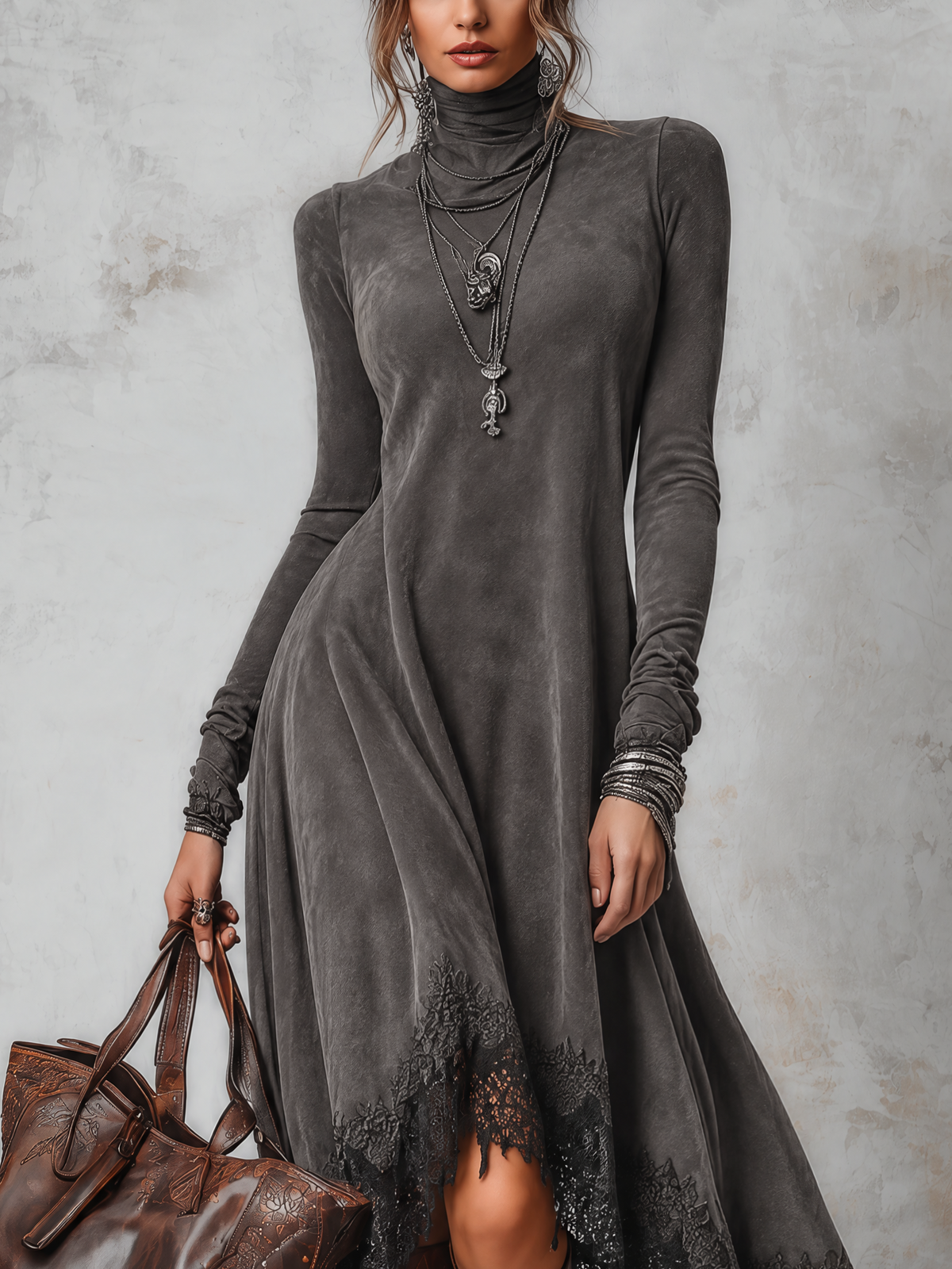 Dark Grey Suede Midi Dress With Black Lace Asymmetrical Hem