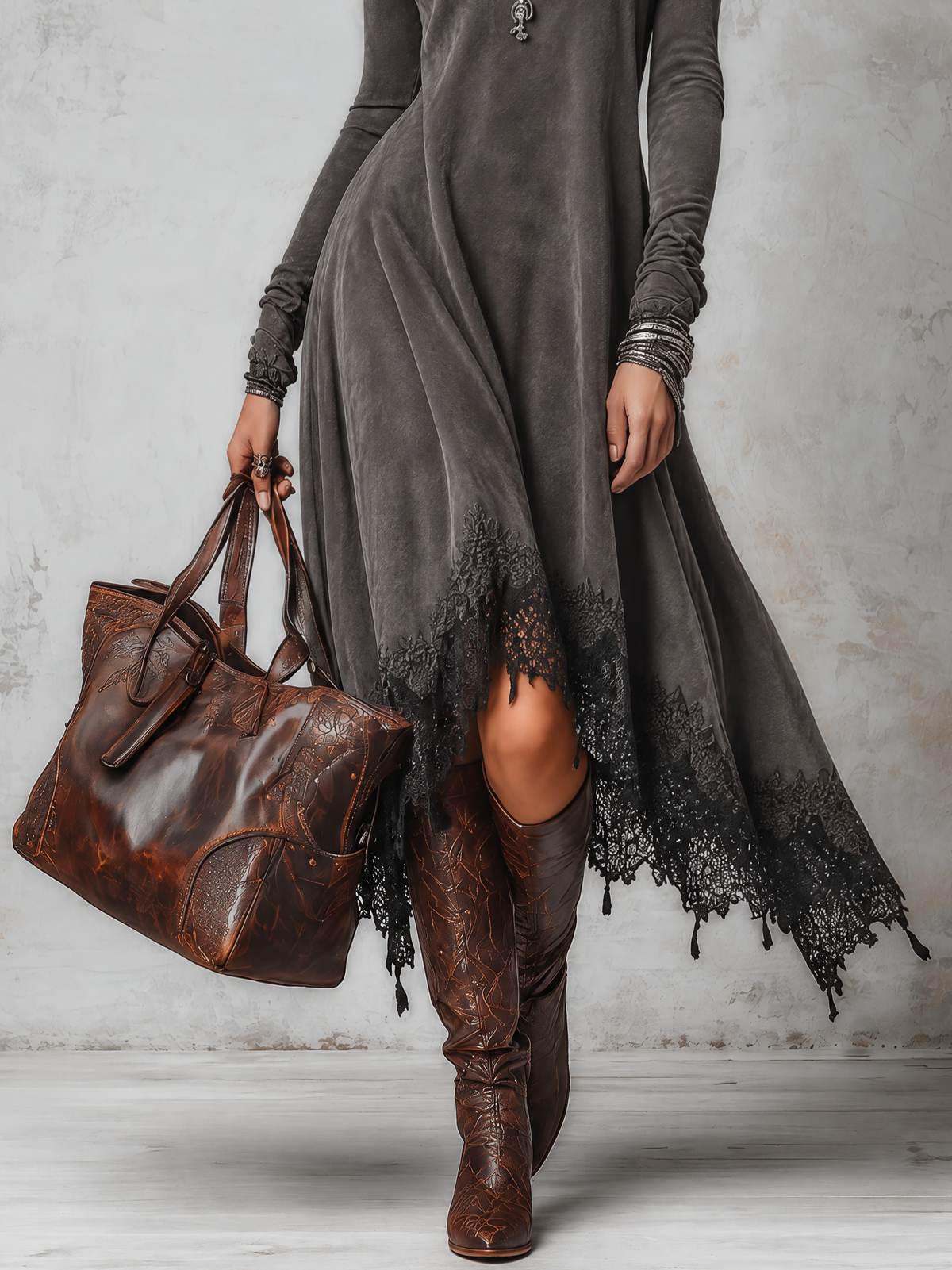 Dark Grey Suede Midi Dress With Black Lace Asymmetrical Hem