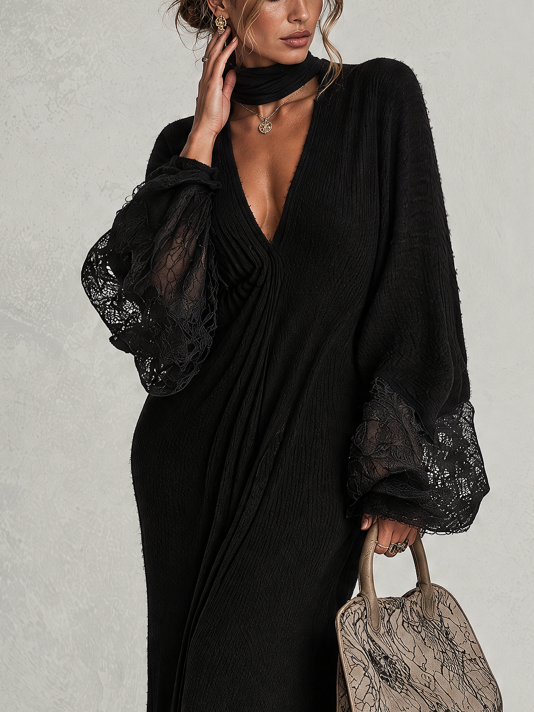 Black Light Fuzzy Knit Maxi Dress With Lace Cuffs And Lace Hem