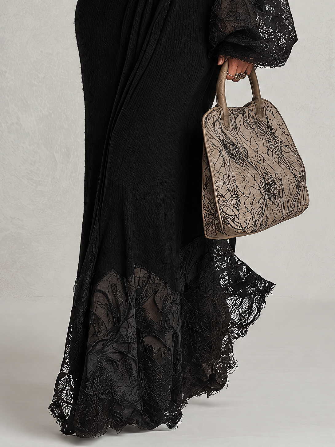 Black Light Fuzzy Knit Maxi Dress With Lace Cuffs And Lace Hem