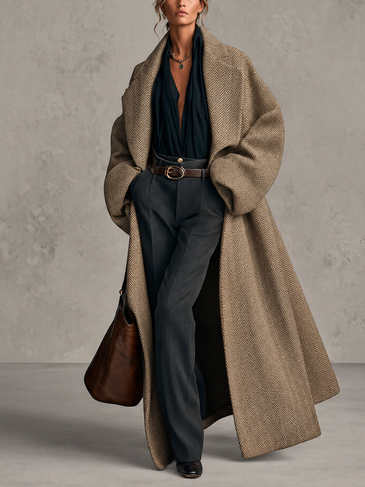 Camel Herringbone Oversized Maxi Coat