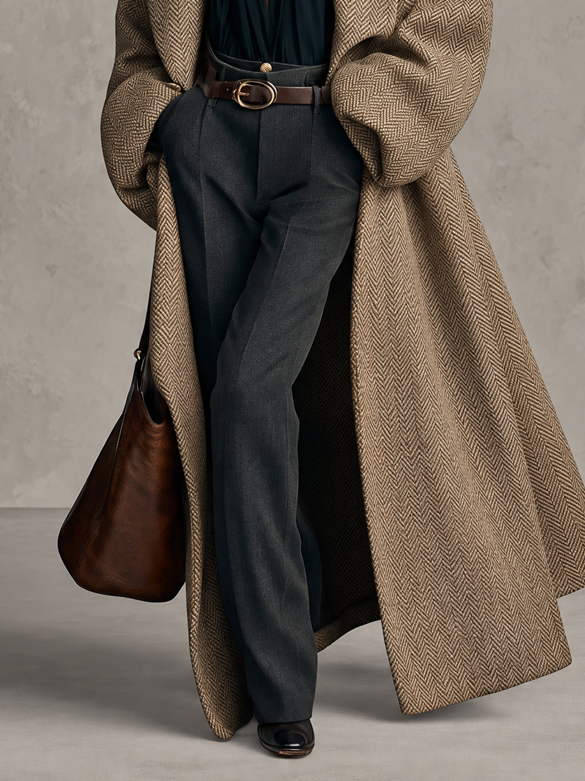 Camel Herringbone Oversized Maxi Coat