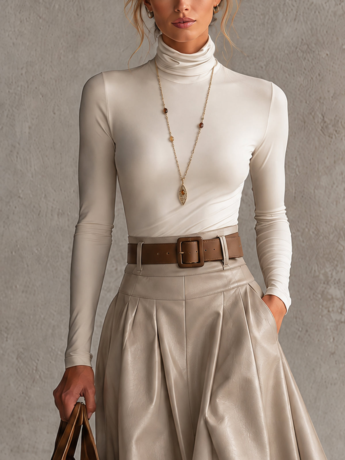 Cream Stretch Turtleneck Top And Oatmeal Pu Leather Skirt Set