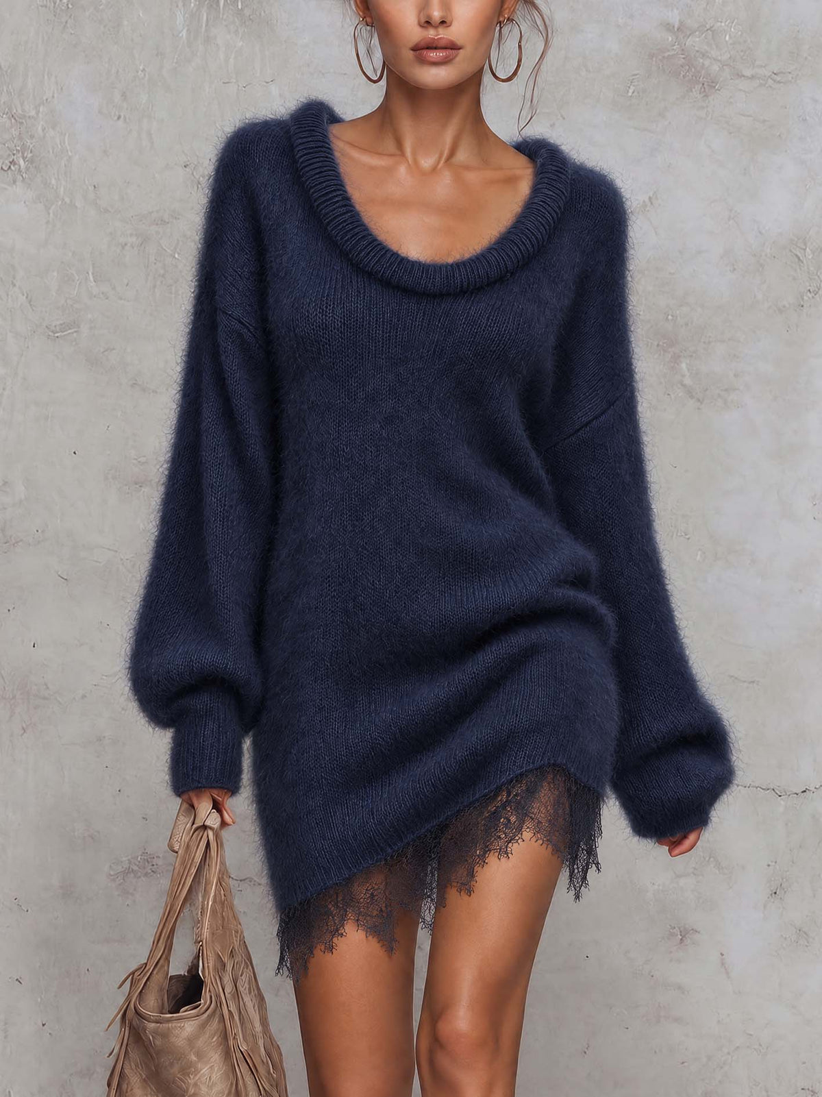 Navy Fuzzy Mohair Knit Mini Dress With Ribbed Scoop Neckline And Lace Hem