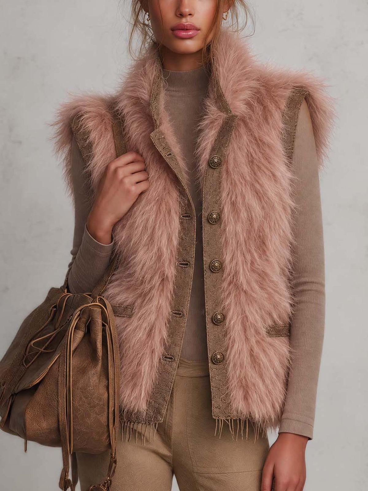 Blush Pink Long-Pile Faux Fur Vest With Faux Suede Trim And Button Front