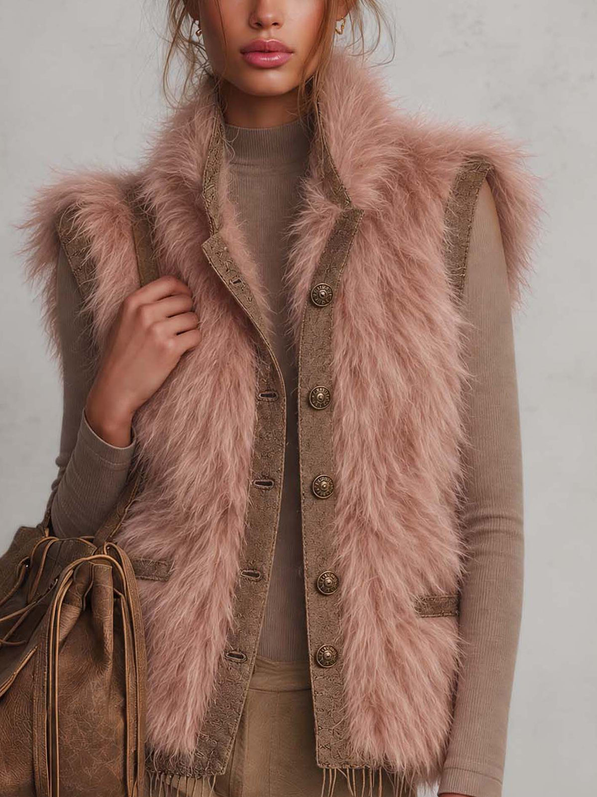 Blush Pink Long-Pile Faux Fur Vest With Faux Suede Trim And Button Front