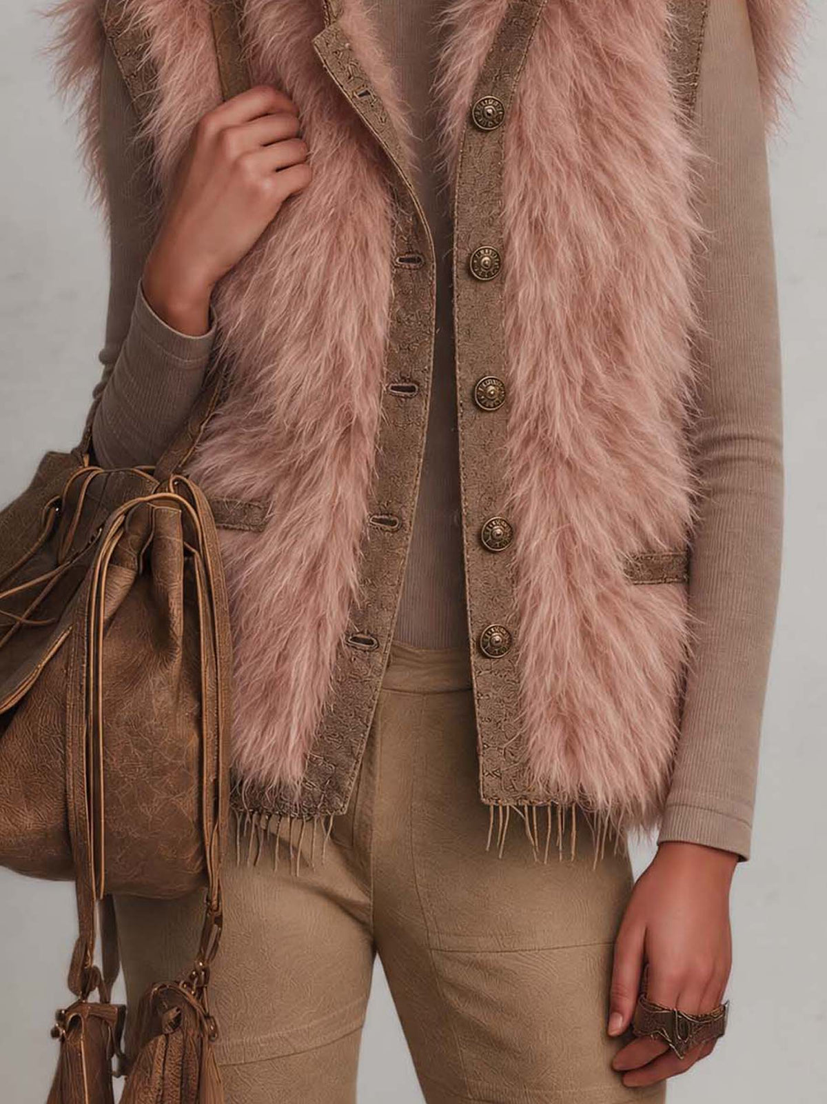 Blush Pink Long-Pile Faux Fur Vest With Faux Suede Trim And Button Front