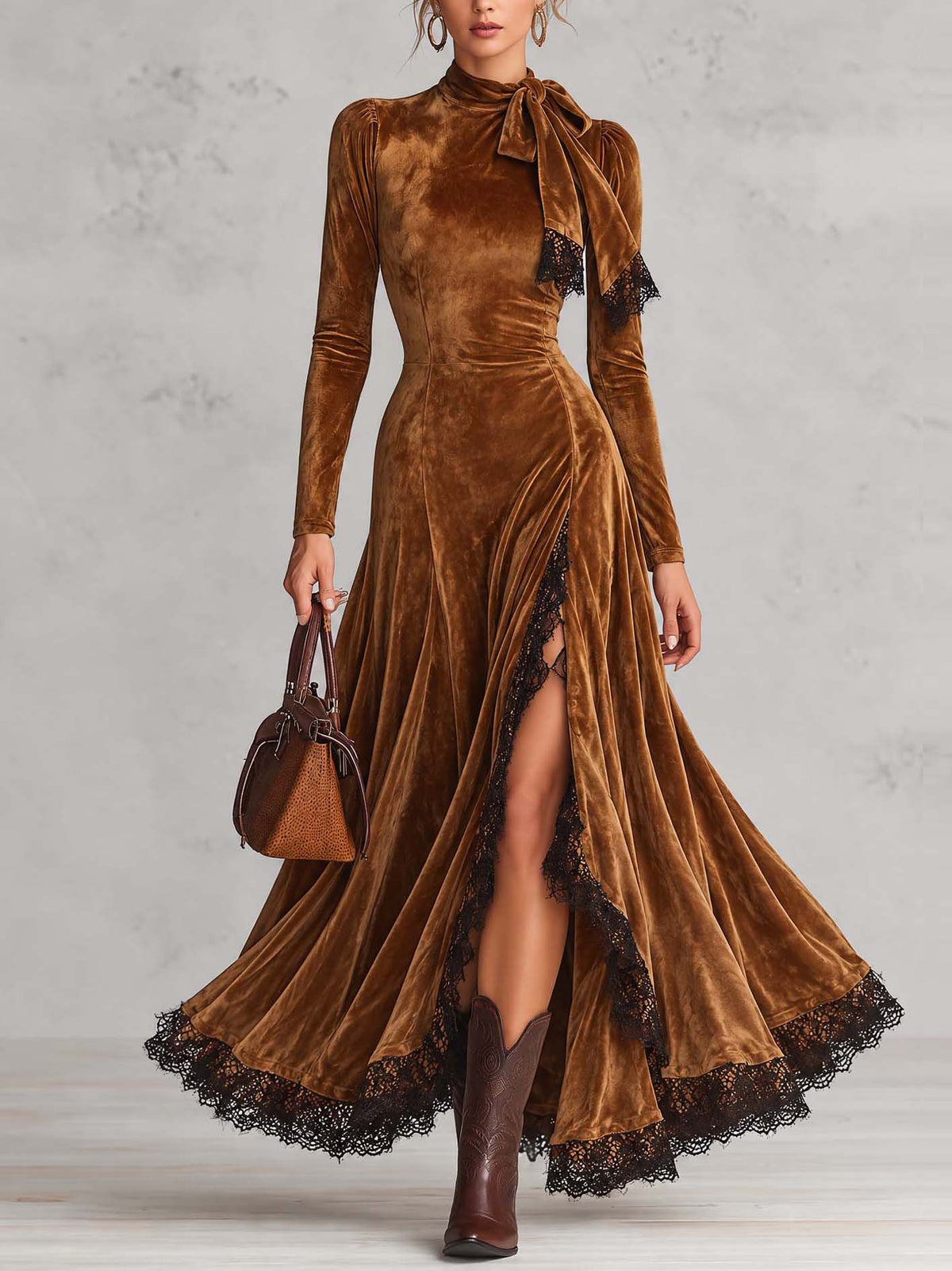 Golden Brown Velvet Maxi Dress With Neck Tie And Black Lace Trim
