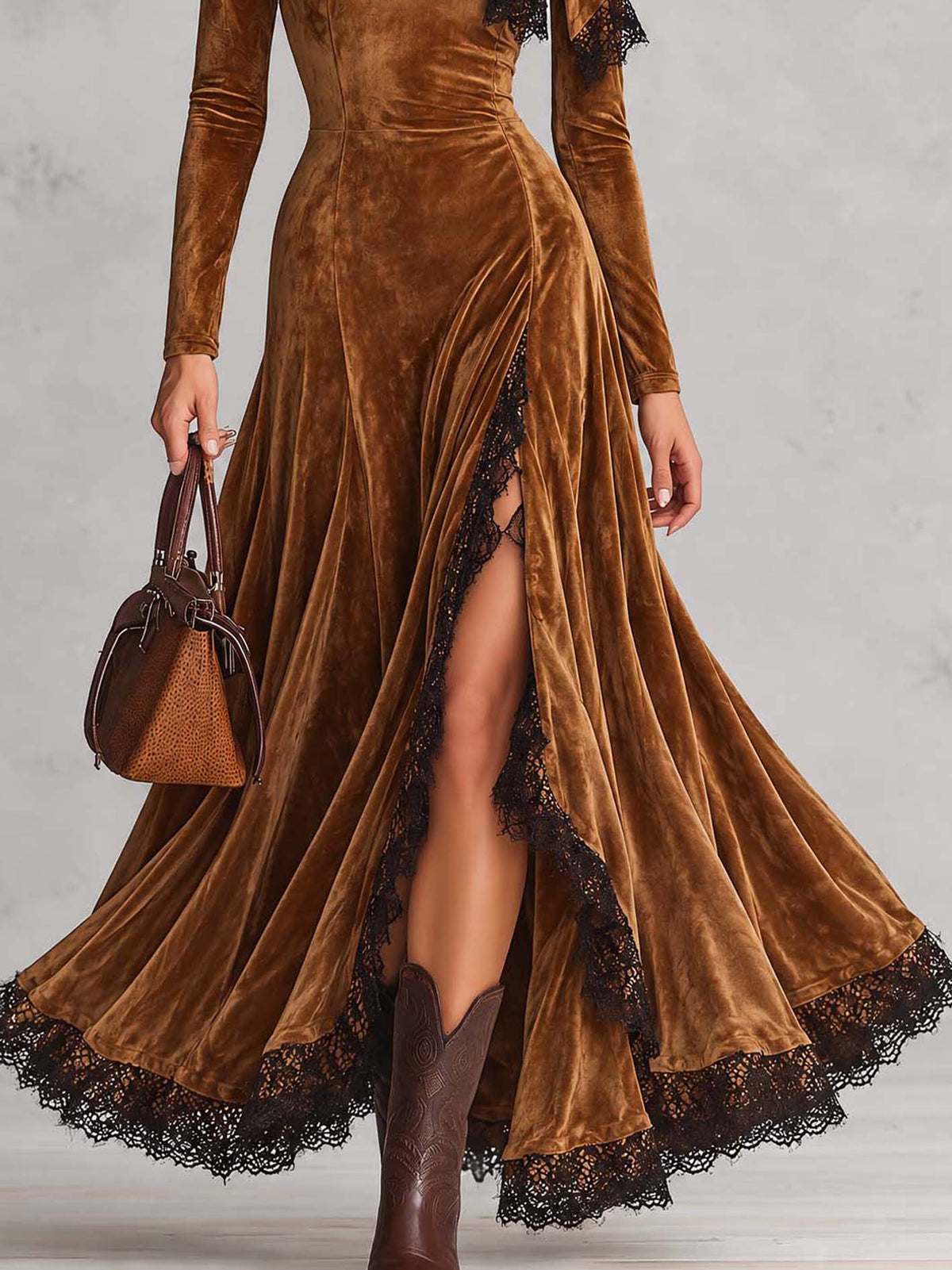 Golden Brown Velvet Maxi Dress With Neck Tie And Black Lace Trim