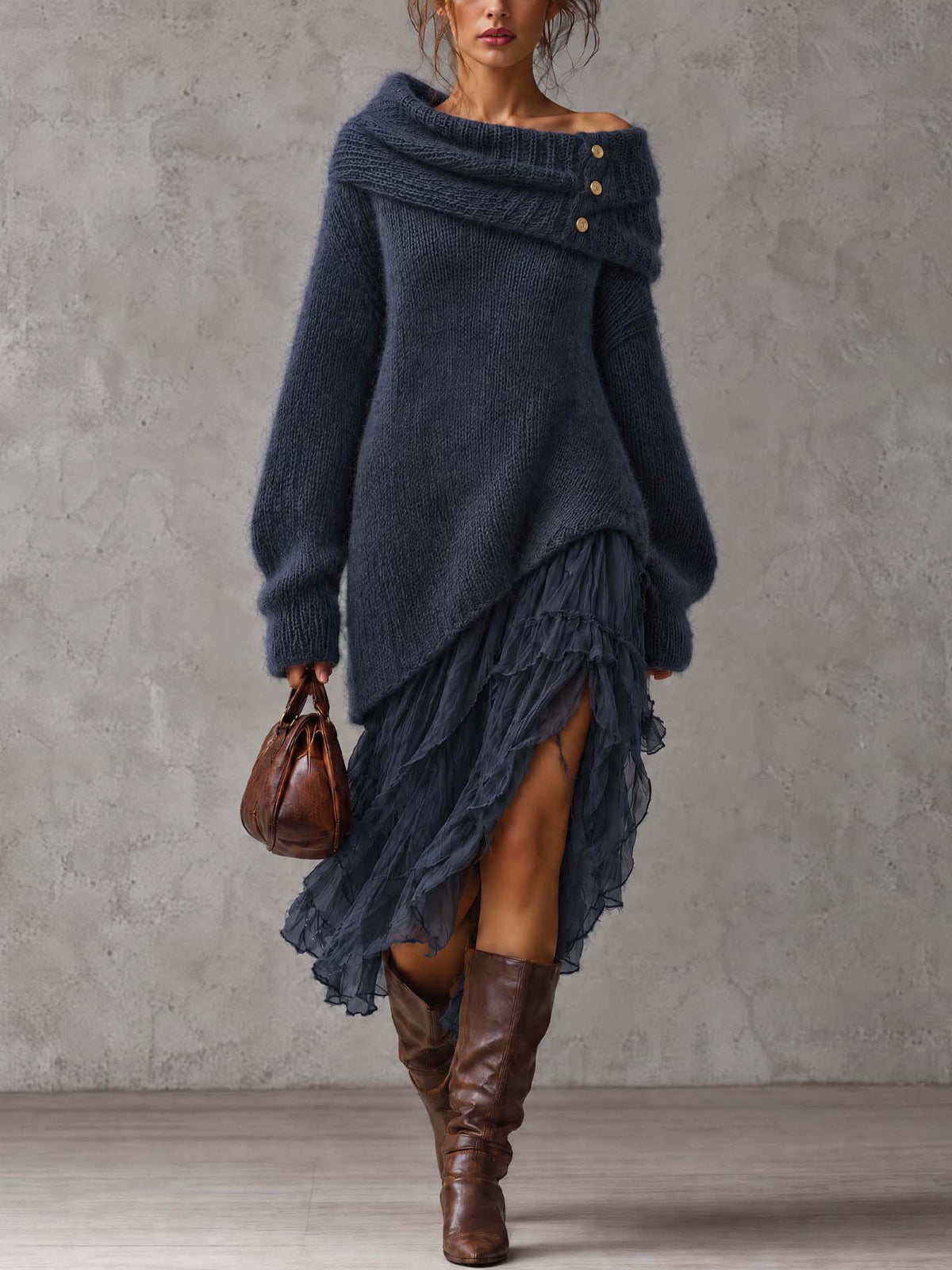 Slate Blue Fuzzy Knit Midi Dress With Off-Shoulder Fold Collar And Chiffon Ruffle Hem