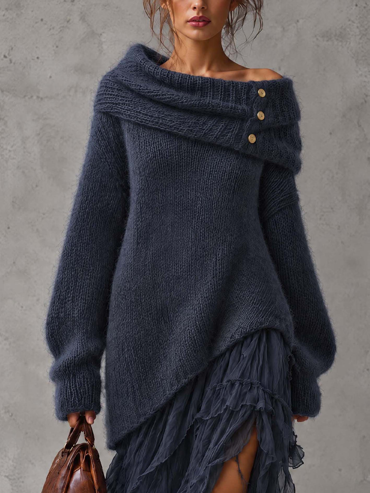 Slate Blue Fuzzy Knit Midi Dress With Off-Shoulder Fold Collar And Chiffon Ruffle Hem
