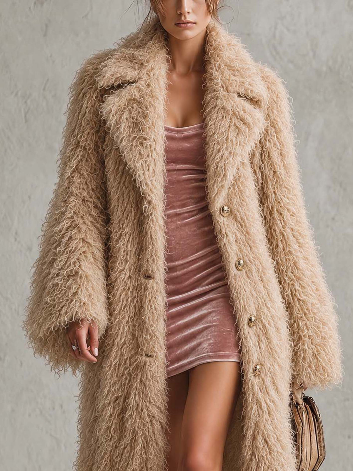 Camel Curly Long-Pile Faux Fur Coat With Notched Lapel And Button Front
