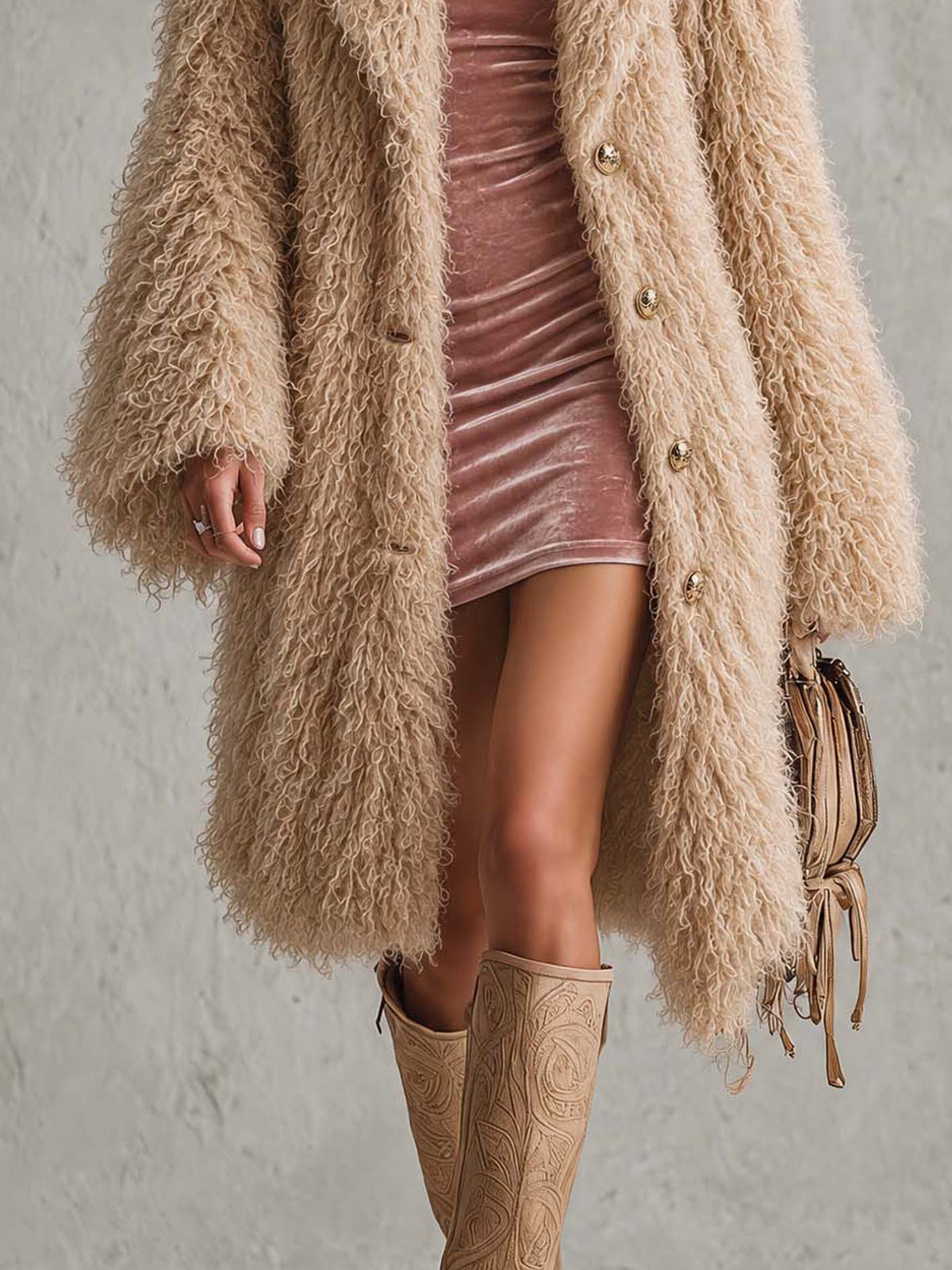 Camel Curly Long-Pile Faux Fur Coat With Notched Lapel And Button Front