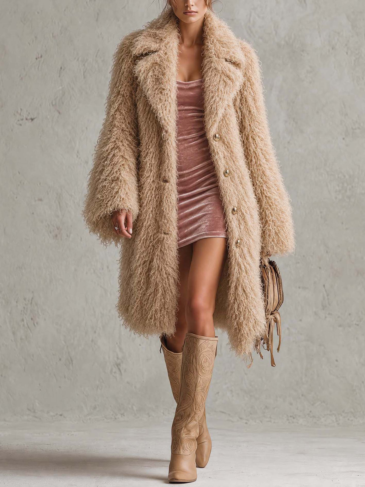 Camel Curly Long-Pile Faux Fur Coat With Notched Lapel And Button Front
