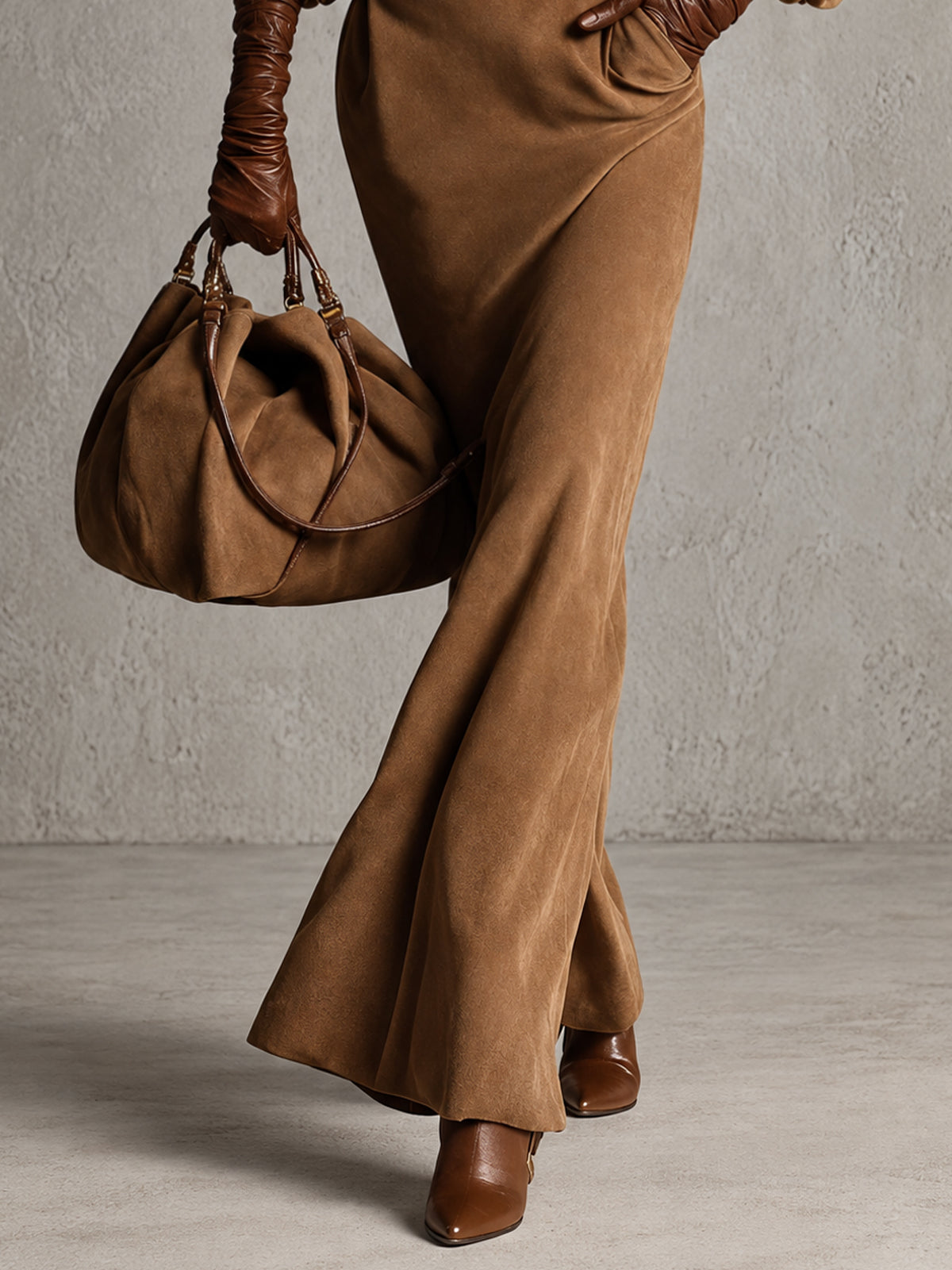 Camel Brown Turtleneck Blouson Sleeve Faux Suede Belted Maxi Dress