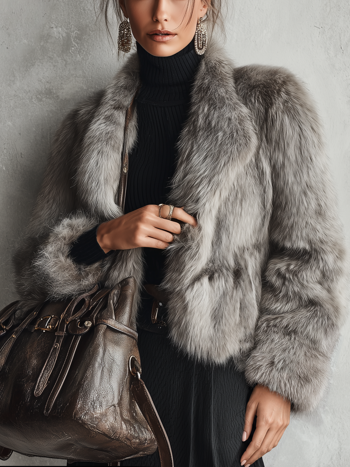 Grey Marled Faux Fur Short Coat