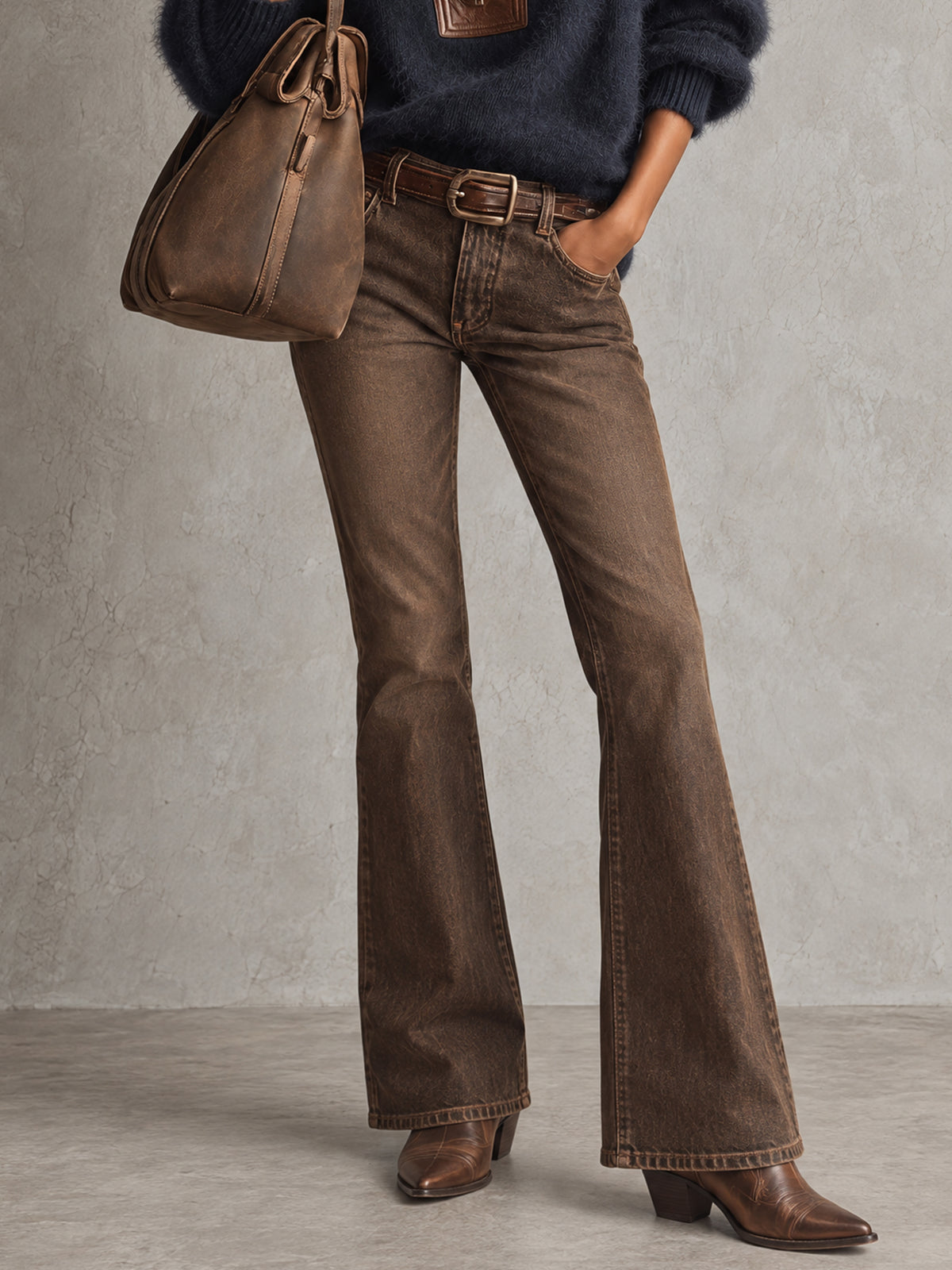 Brown Vintage Acid Washed Denim Mid Rise Flare Jeans