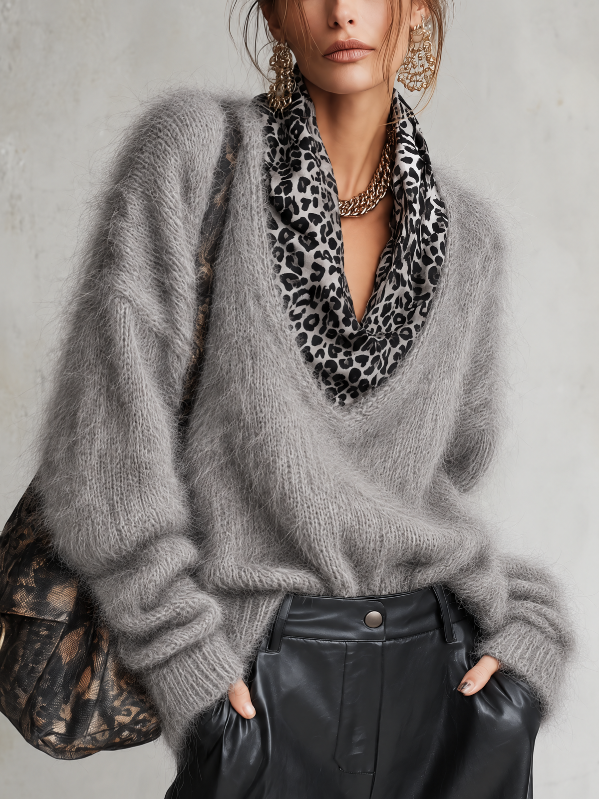 Grey Fluffy Knit Sweater With Black And White Leopard Cowl Neck Splicing
