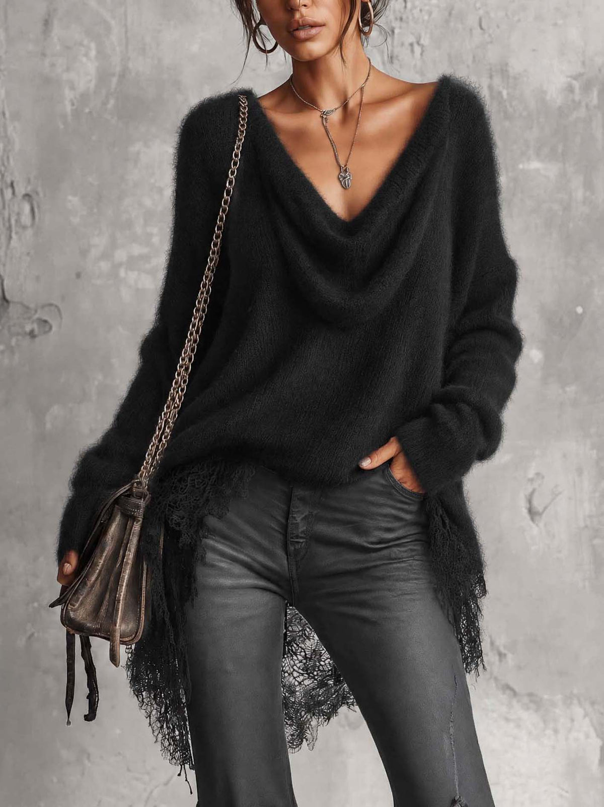 Black Fuzzy Mohair Sweater With Draped Cowl Neck And Asymmetric Lace Hem