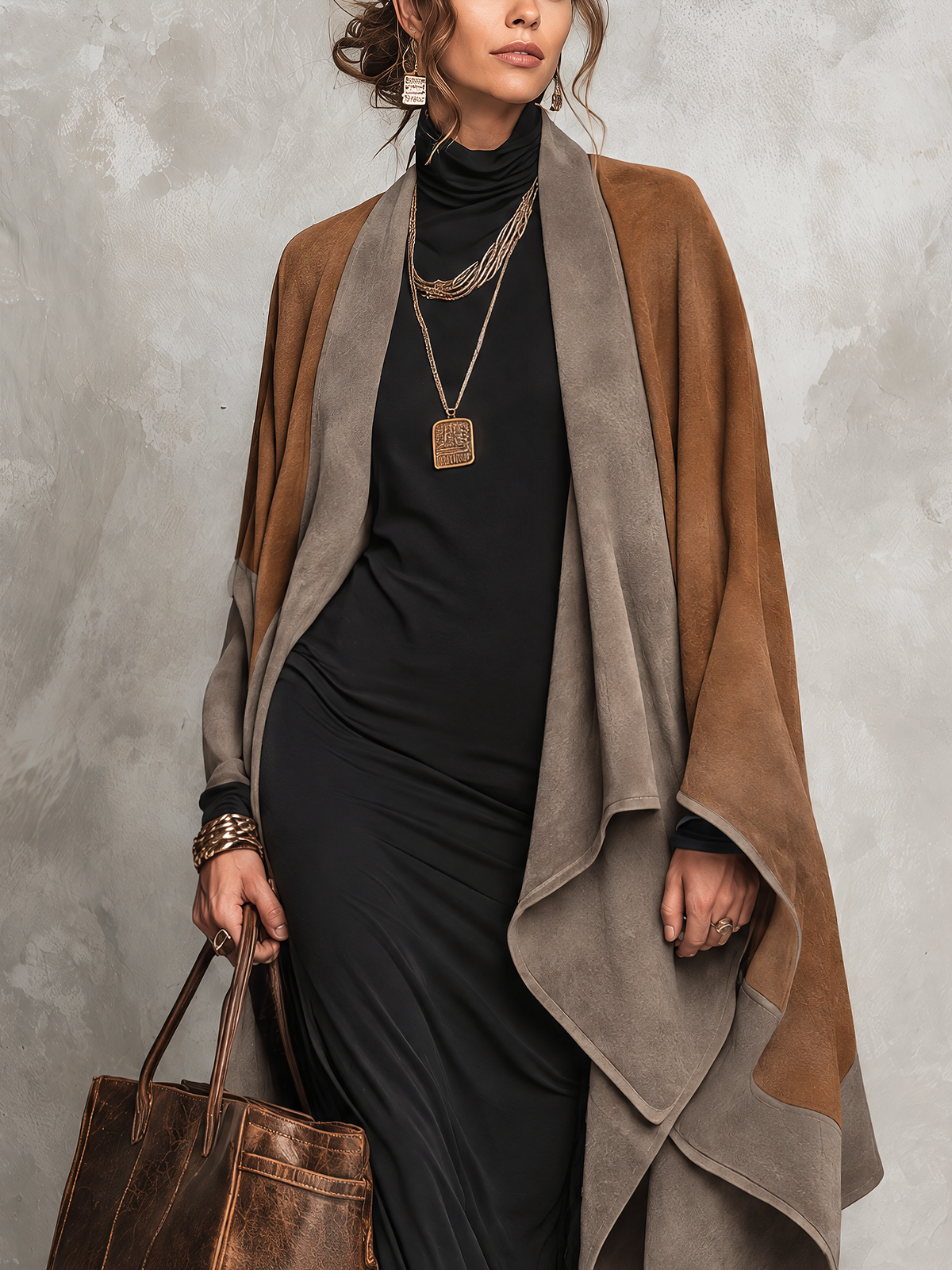 Brown And Grey Color Block Suede Cape Coat