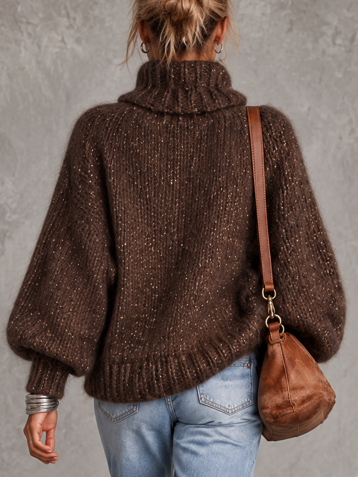 Brown Sequin Fleck Chunky Knit Button Turtleneck Sweater