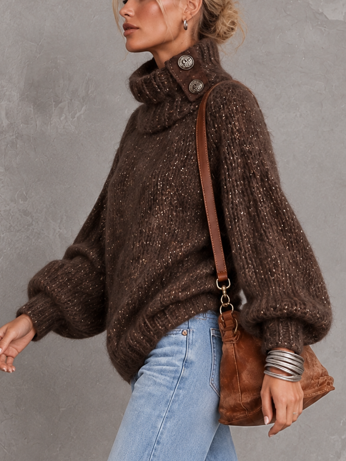 Brown Sequin Fleck Chunky Knit Button Turtleneck Sweater