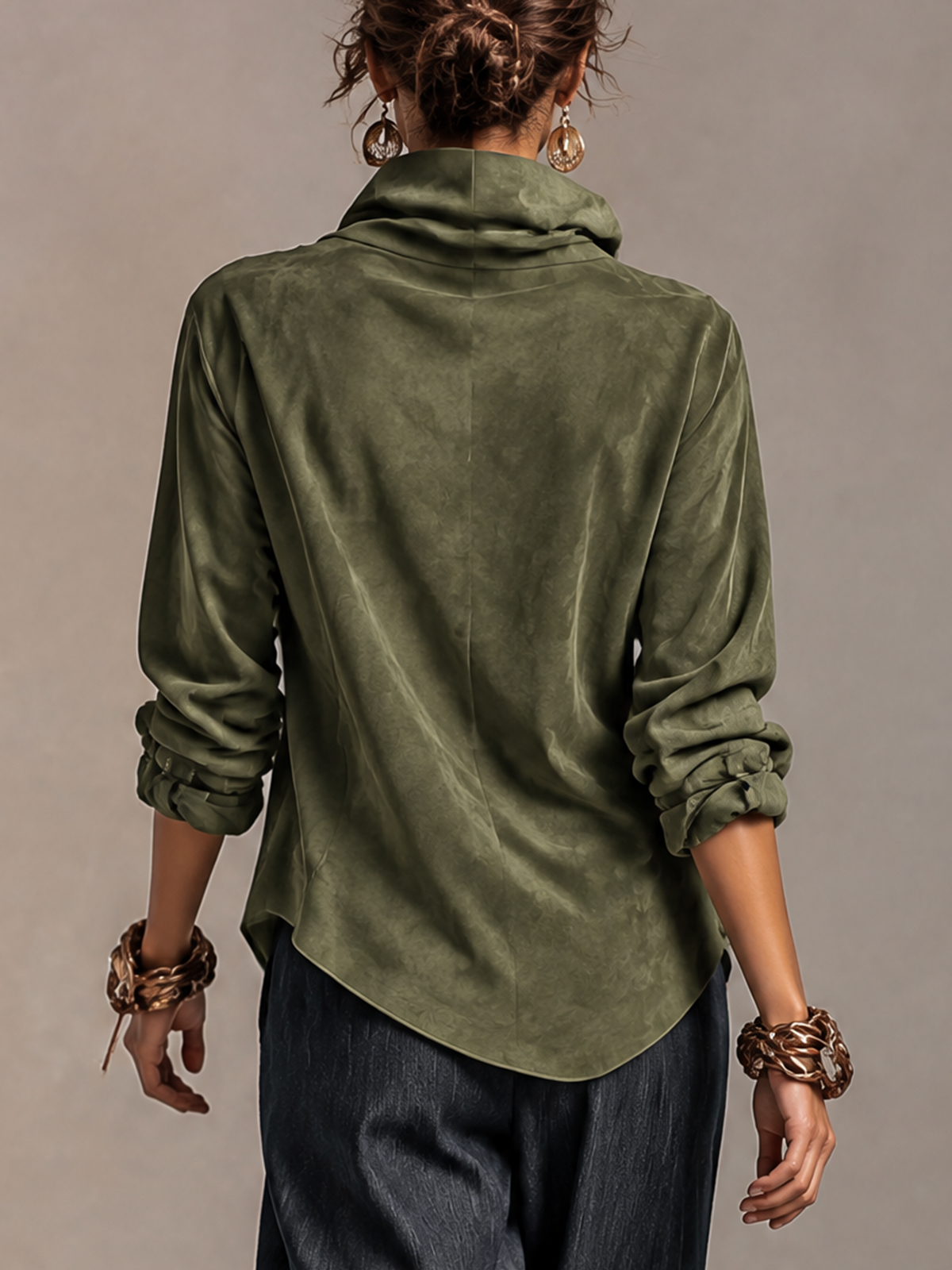 Olive Suede Draped Cowl Neck Wrap Blouse