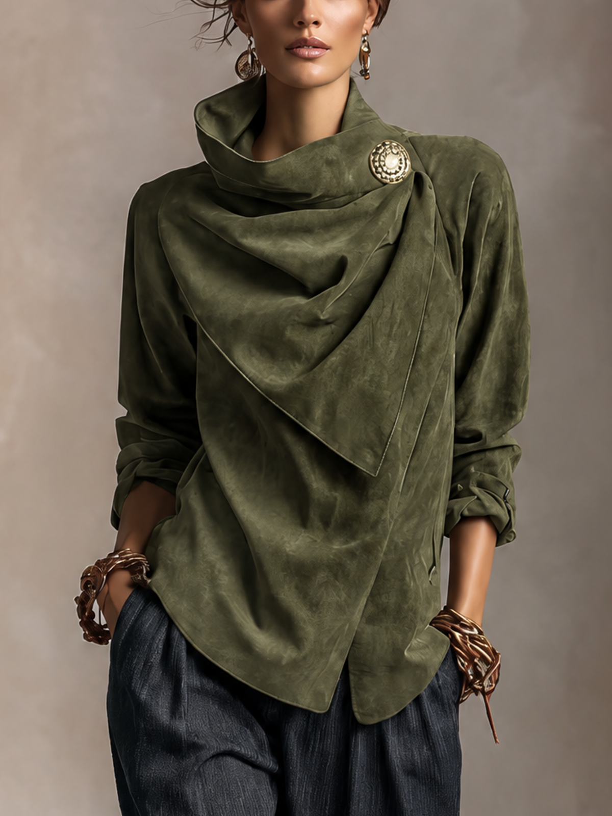 Olive Suede Draped Cowl Neck Wrap Blouse