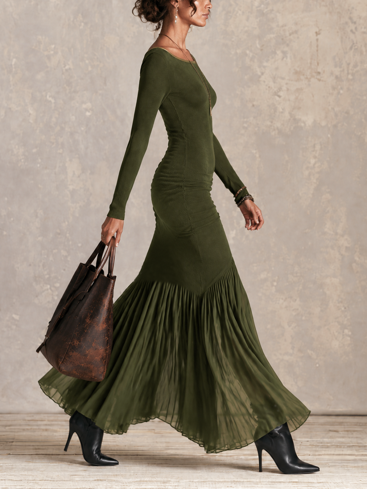 Olive Gold Trim Boat Neck Rib Knit Chiffon Mermaid Maxi Dress