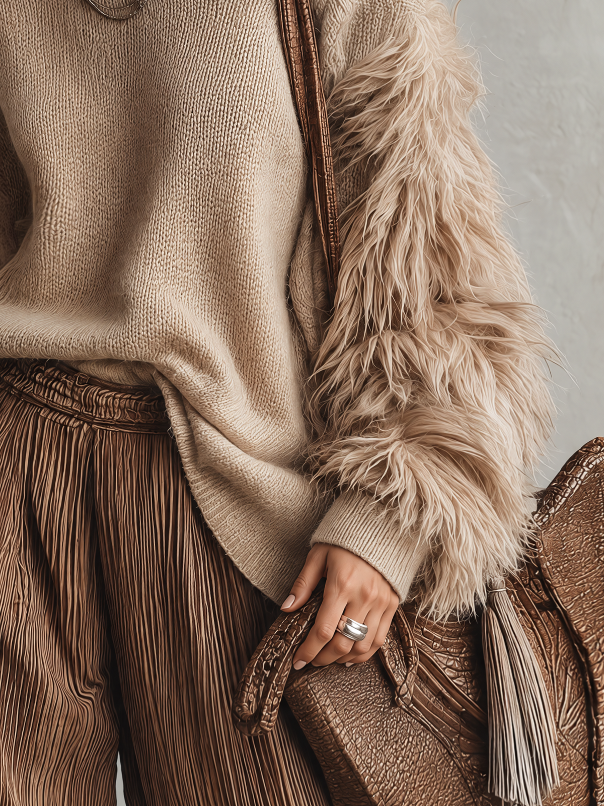 Beige Off-The-Shoulder Knit Sweater With Faux Fur Sleeves