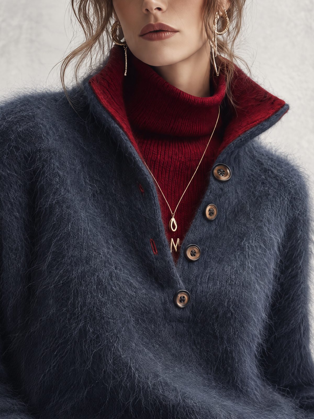 Navy Fluffy Knit Sweater With Burgundy Contrast Inner Collar